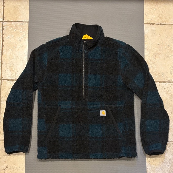 Carhartt Fleece Pullover Half Zip Plaid Black Teal Blue Green S - Picture 4 of 12